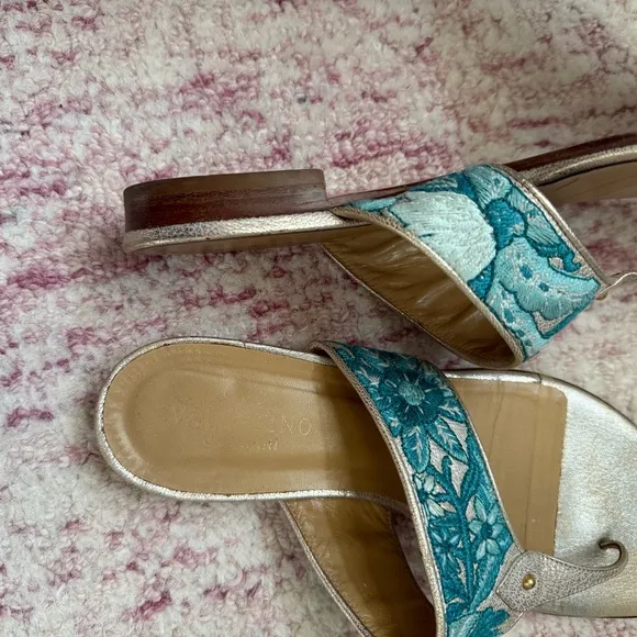 Valentino Embroiderer Floral Metallic Flip Flop Sandals