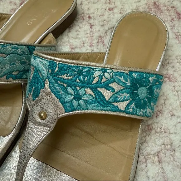 Valentino Embroiderer Floral Metallic Flip Flop Sandals
