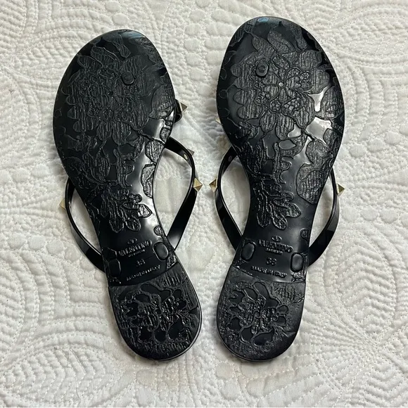 VALENTINO Rockstud Rubber Thong PVC Flip Flop Bow Sandals Black Platinum 38