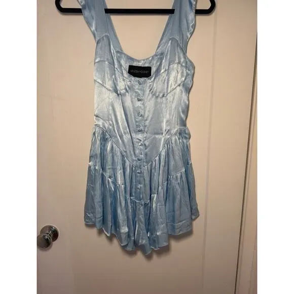 Vanessa Mooney | Elisabeth Romper Dress – Sky Blue Satin (Size M)