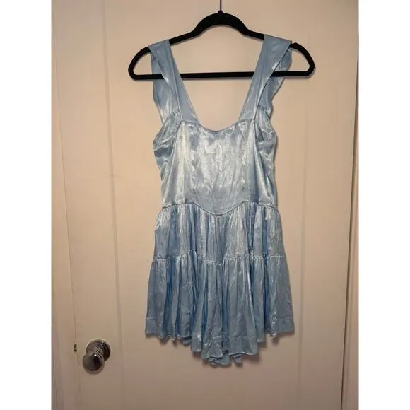 Vanessa Mooney | Elisabeth Romper Dress – Sky Blue Satin (Size M)