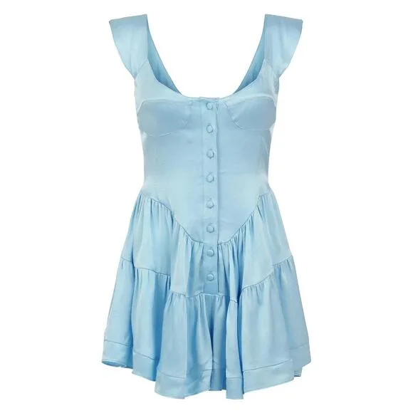 Vanessa Mooney | Elisabeth Romper Dress – Sky Blue Satin (Size M)