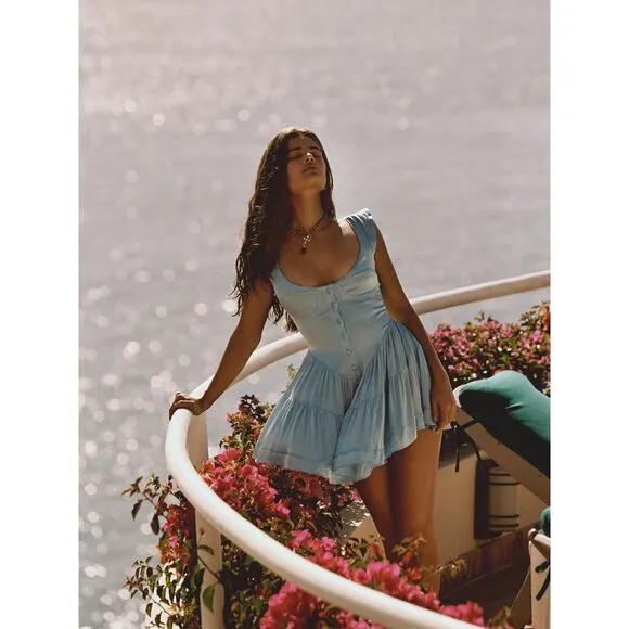 Vanessa Mooney | Elisabeth Romper Dress – Sky Blue Satin (Size M)