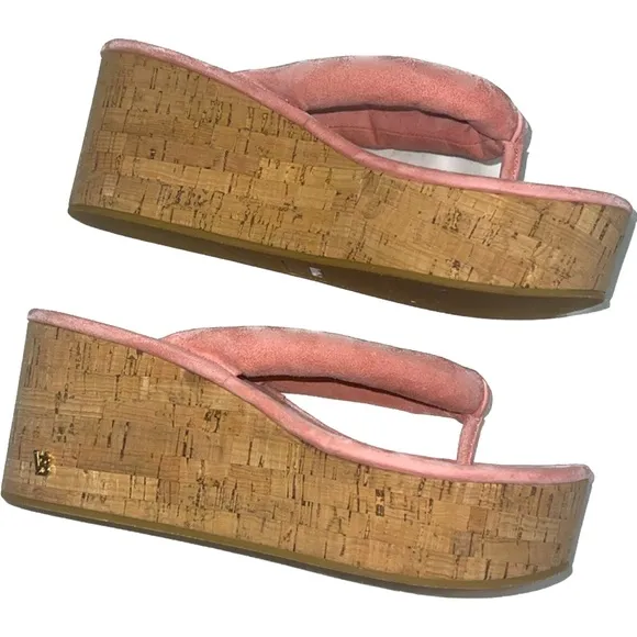 Veronica Beard Geno Cork Platform Flip Flop Suede Thong Sandal in Pink, size 8