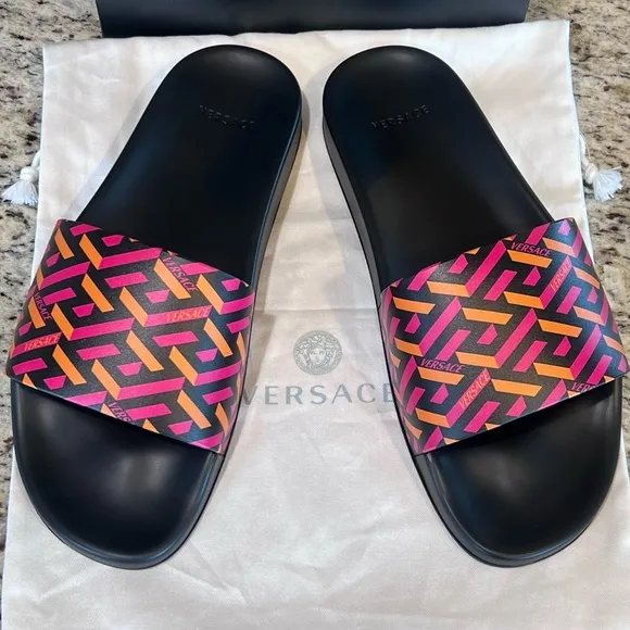 Versace Gomma Stampa Monogram Pool Slides Magenta Tangerine Men Sandals EU 44