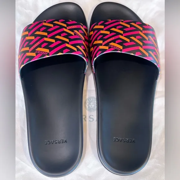 Versace Gomma Stampa Monogram Pool Slides Magenta Tangerine Men Sandals EU 44