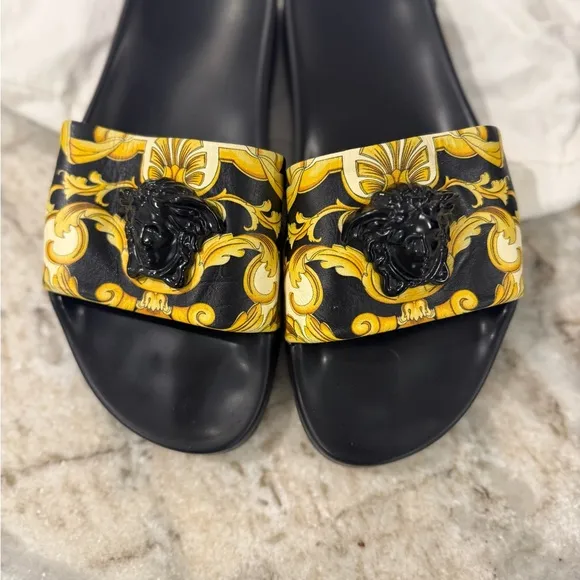Versace Women's Black and Yellow Slide Sandals