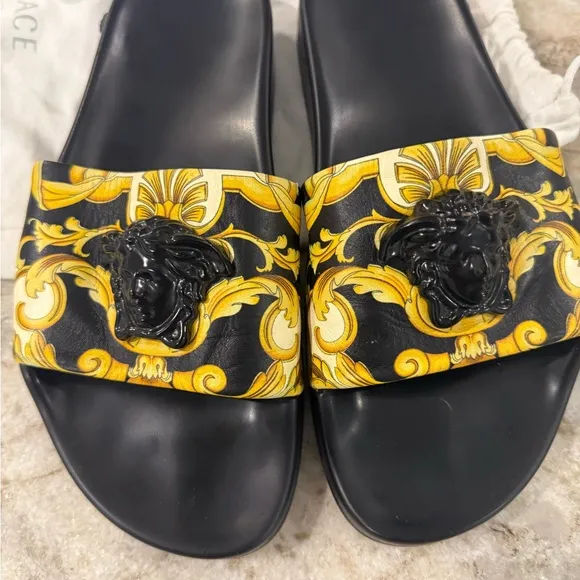 Versace Women's Black and Yellow Slide Sandals