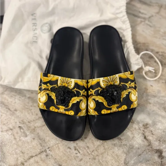 Versace Women's Black and Yellow Slide Sandals