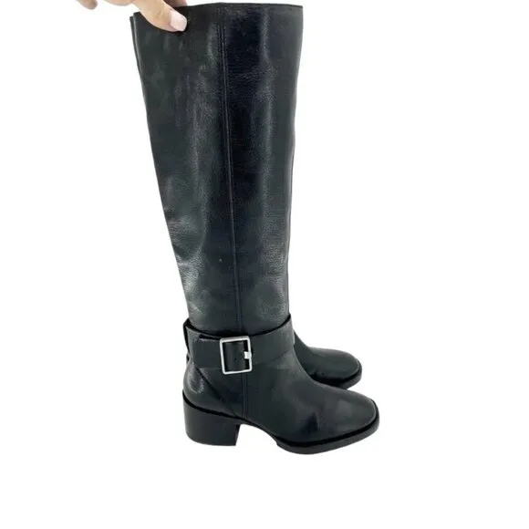 Via Spiga Garnett Tall Boots Black Gloss Leather Ankle Strap SZ 6 New $398