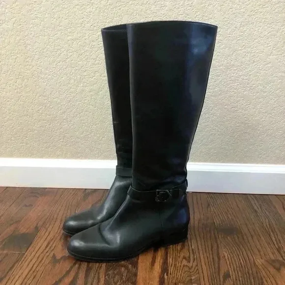 Via Spiga Women’s Size 8 Tall Black Leather Knee High Boots $245 Zip Buckle