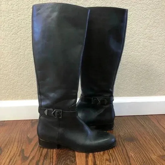 Via Spiga Women’s Size 8 Tall Black Leather Knee High Boots $245 Zip Buckle