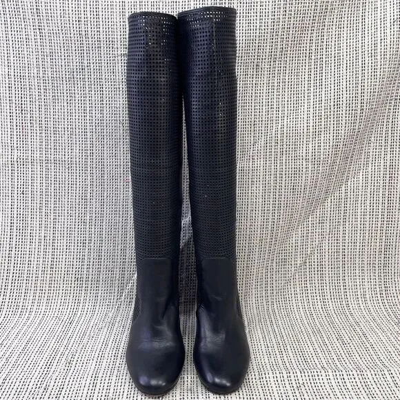 Vince Camuto Knee High Boots Size 7 Secillia Perforated Leather Block Heel Tall‎