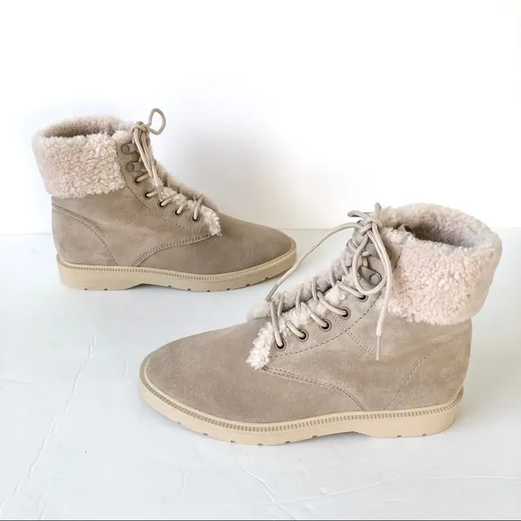 Vince Hayes 2 Shearling Lace-Up Hiker Boots In Rock Suede Size 6 (NWOB)