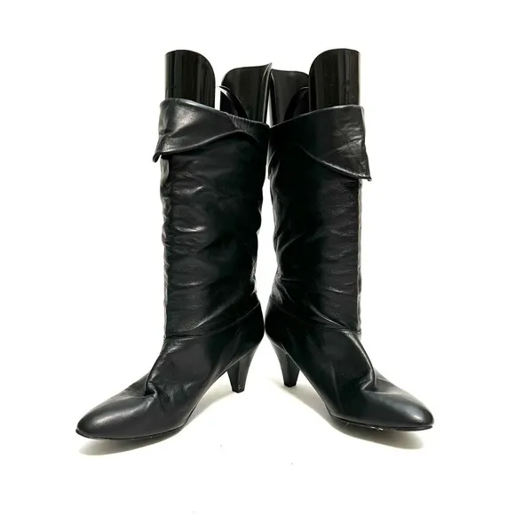 Vintage 1970s black leather pointed toe fold over heeled pirate boots