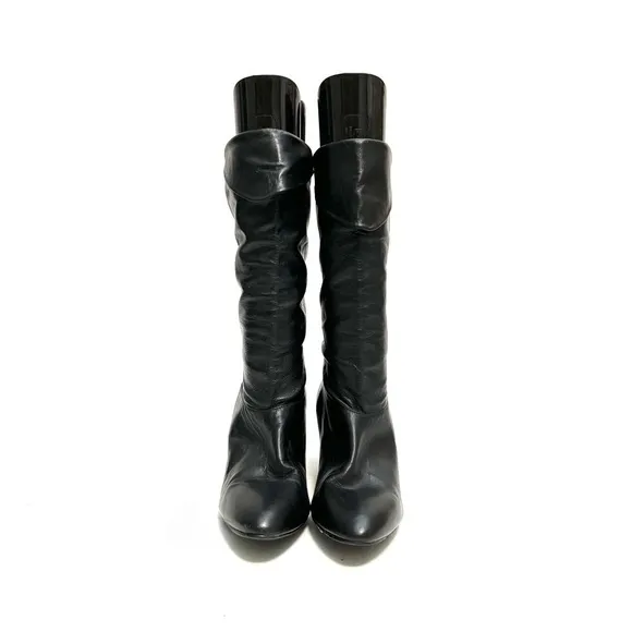 Vintage 1970s black leather pointed toe fold over heeled pirate boots