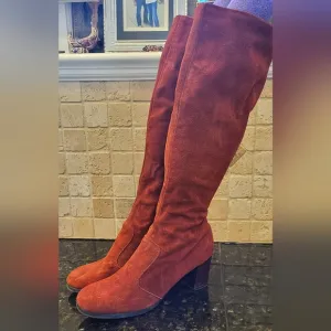 Vintage 1970s Tall Burnt Orange Suede Heeled Boots Size 6.5