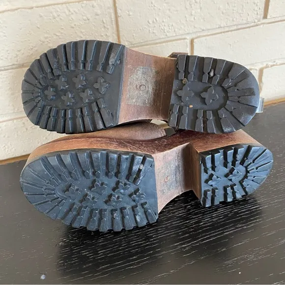 Vintage 90s Leather Buckle Strap Wood Sole Shoes Festival Boho Hippie Flower 6