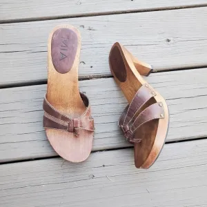 Vintage 90s y2k Bratz MIA Brown Faux Vegan Leather Wood Sole Heeled Sandals 7