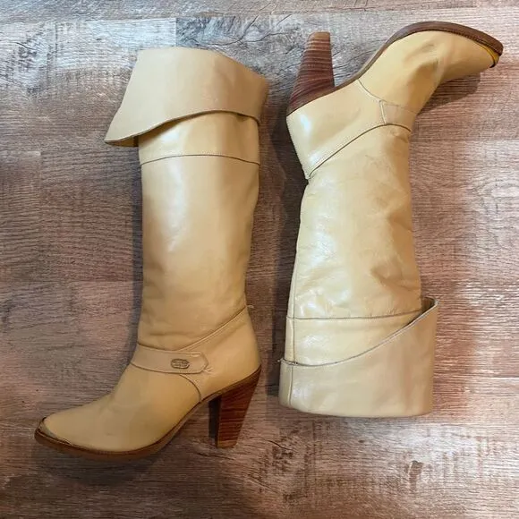 Vintage Dingo Beige Tall Leather Slouch Cuffed Boots Women’s Size 6 1/2