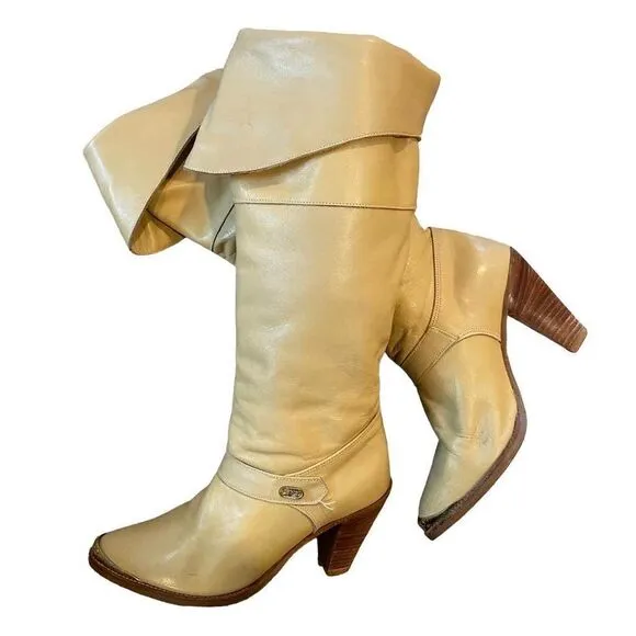 Vintage Dingo Beige Tall Leather Slouch Cuffed Boots Women’s Size 6 1/2