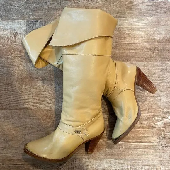 Vintage Dingo Beige Tall Leather Slouch Cuffed Boots Women’s Size 6 1/2