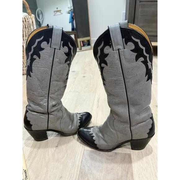 Vintage Justin Western Boots Women 7.5 Gray Black Leather Tall Cowboy Cowgirl