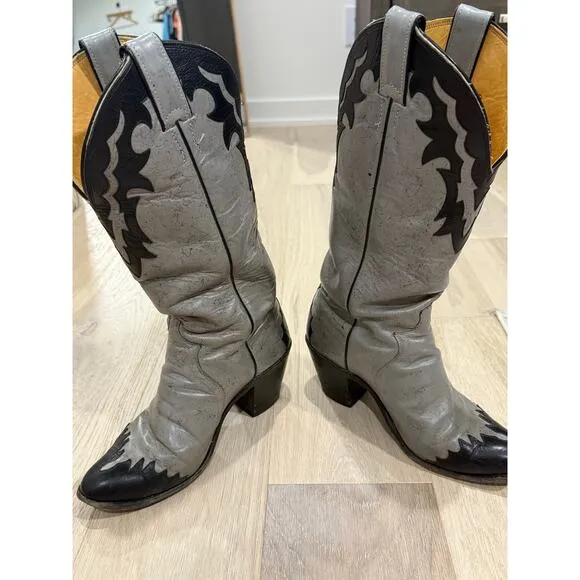Vintage Justin Western Boots Women 7.5 Gray Black Leather Tall Cowboy Cowgirl