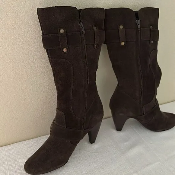 Vintage Kelly &amp; Katie Tall Brown Suede Leather Knee High Heel Boots Sz 9.5