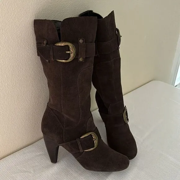 Vintage Kelly &amp; Katie Tall Brown Suede Leather Knee High Heel Boots Sz 9.5