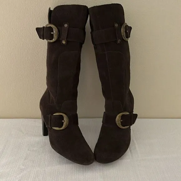 Vintage Kelly &amp; Katie Tall Brown Suede Leather Knee High Heel Boots Sz 9.5