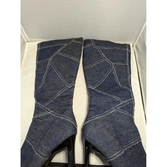 Vintage Paprika Denim Boots Y2K Knee Tall Patchwork Blue Jeans Fabric Zip USA 6