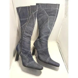 Vintage Paprika Denim Boots Y2K Knee Tall Patchwork Blue Jeans Fabric Zip USA 6