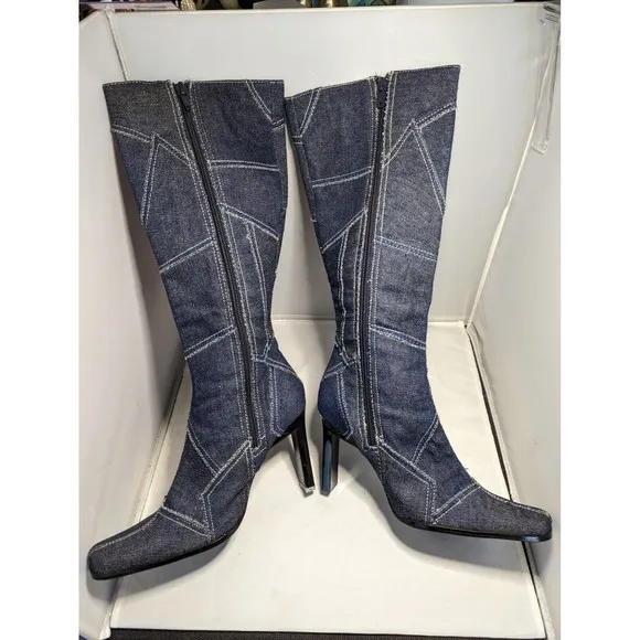 Vintage Paprika Denim Boots Y2K Knee Tall Patchwork Blue Jeans Fabric Zip USA 6