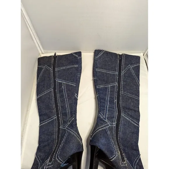 Vintage Paprika Denim Boots Y2K Knee Tall Patchwork Blue Jeans Fabric Zip USA 6