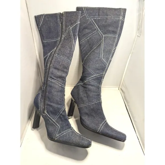 Vintage Paprika Denim Boots Y2K Knee Tall Patchwork Blue Jeans Fabric Zip USA 6