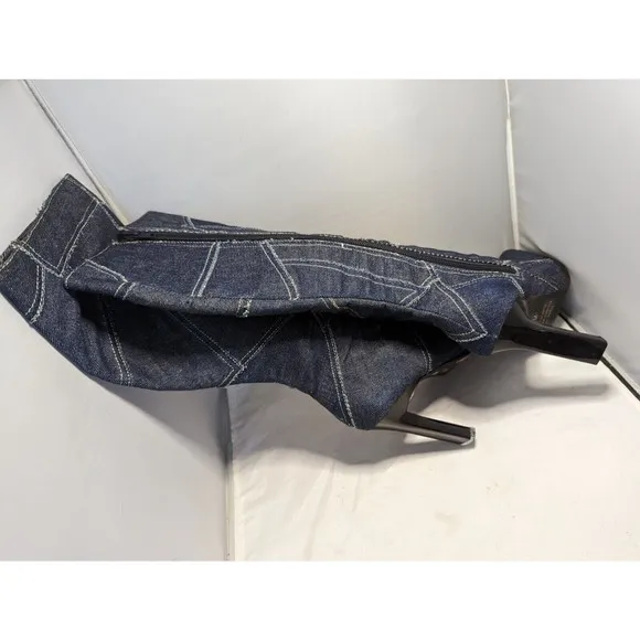 Vintage Paprika Denim Boots Y2K Knee Tall Patchwork Blue Jeans Fabric Zip USA 6