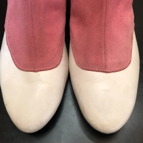 Vintage Pink and White Leather Spat Style Ankle Boots with Chunky Heel- 1960s