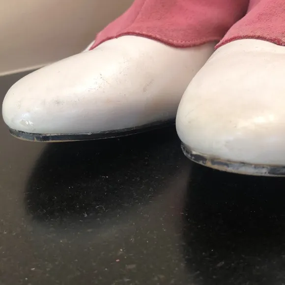 Vintage Pink and White Leather Spat Style Ankle Boots with Chunky Heel- 1960s
