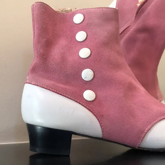 Vintage Pink and White Leather Spat Style Ankle Boots with Chunky Heel- 1960s