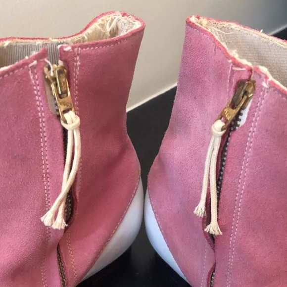 Vintage Pink and White Leather Spat Style Ankle Boots with Chunky Heel- 1960s