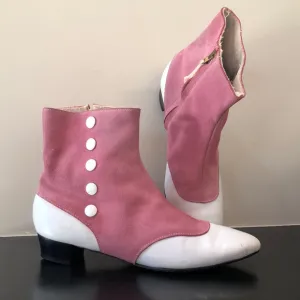 Vintage Pink and White Leather Spat Style Ankle Boots with Chunky Heel- 1960s