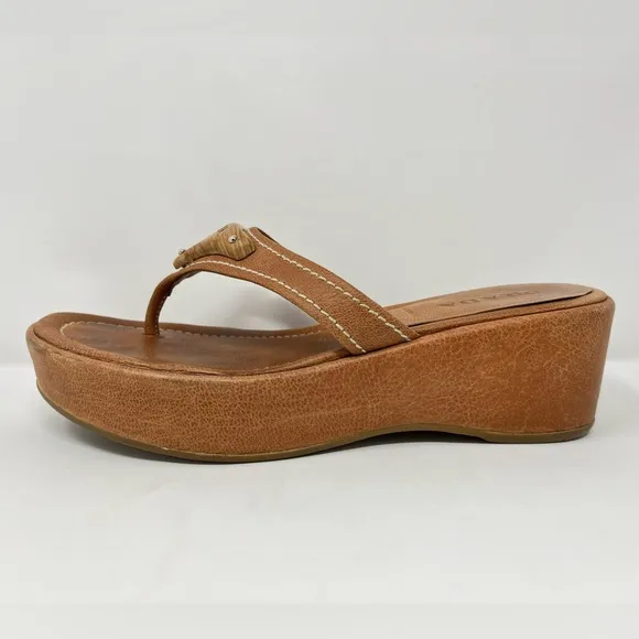 Vintage Prada 90s Y2K Brown Tan Triangle Logo Platform Wedge Sandals 36.5 6.5