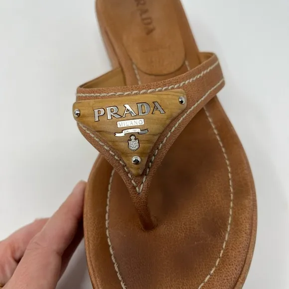 Vintage Prada 90s Y2K Brown Tan Triangle Logo Platform Wedge Sandals 36.5 6.5