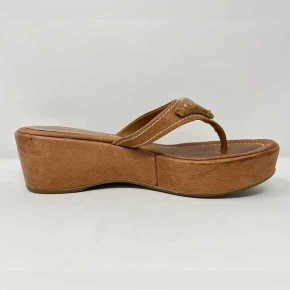 Vintage Prada 90s Y2K Brown Tan Triangle Logo Platform Wedge Sandals 36.5 6.5
