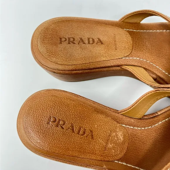 Vintage Prada 90s Y2K Brown Tan Triangle Logo Platform Wedge Sandals 36.5 6.5