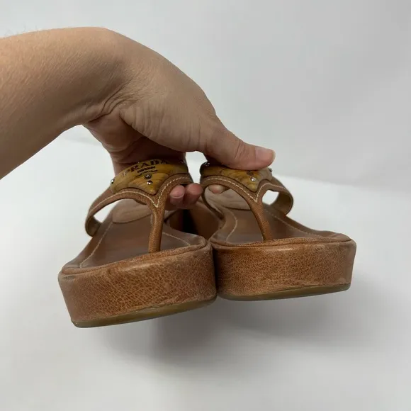 Vintage Prada 90s Y2K Brown Tan Triangle Logo Platform Wedge Sandals 36.5 6.5
