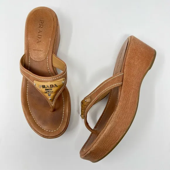 Vintage Prada 90s Y2K Brown Tan Triangle Logo Platform Wedge Sandals 36.5 6.5