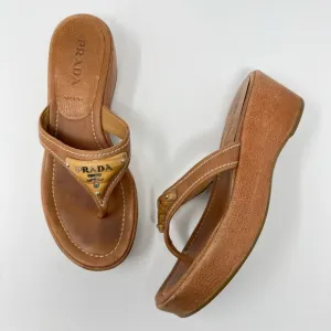 Vintage Prada 90s Y2K Brown Tan Triangle Logo Platform Wedge Sandals 36.5 6.5