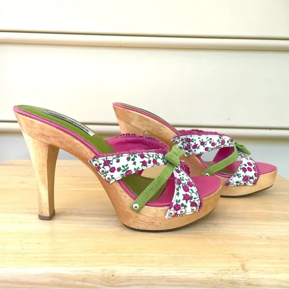 Vintage Steve Madden Luckii Floral Wooden Open Toe Mules Heels Green/Pink 7B